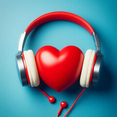 Red heart with headphones on blue background cardio care concepts