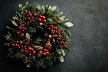Elegant Christmas Wreath: Festive Greenery, Berries, and Cones