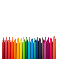 Row of vibrant colored crayons arranged in a spectrum against a pure isolated on a transparent background