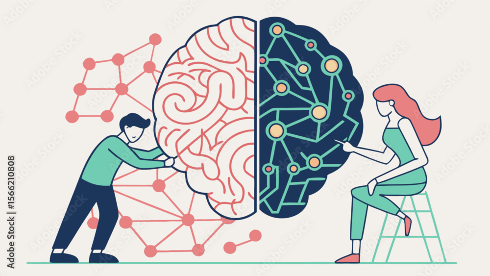Poster human brain versus artificial intelligence concept showing machine learning and neural networks desi