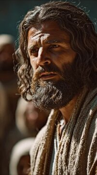esus Christ stands in an outdoor setting, teaching a large, diverse crowd of people who are intently listening