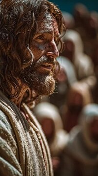 esus Christ stands in an outdoor setting, teaching a large, diverse crowd of people who are intently listening