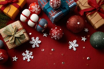 Festive Christmas Gifts and Ornaments: A Red and White Winter Scene