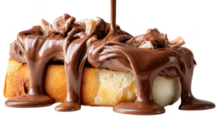 Melted chocolate pouring over a bread slice topped with nuts and spread