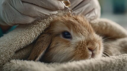 A close-up shot captures a gentle moment of care, with a gloved hand administering medicine to a tranquil rabbit, wrapped in a soft towel. The scene evokes a sense of compassion.