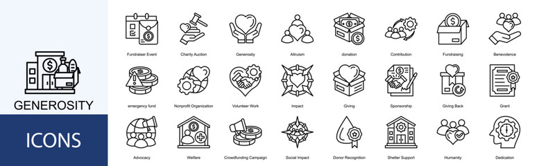Generosity icon collection set. Containing donation, Contribution, Fundraising, Benevolence, emergency fund icon