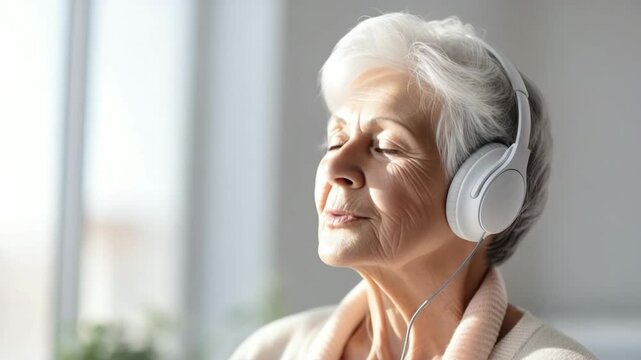In her retirement years, the elderly lady enjoys the concept of active aging, unwinding at home while she listens to music using headphones.