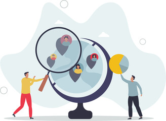 Sociology illustration.people look through magnifying glass at survey results, character life .