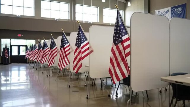Voting booths are lined with American flags in a polling place to demonstrate patriotism.