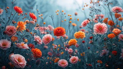 Obraz premium Vibrant colorful flowers blooming in a misty garden