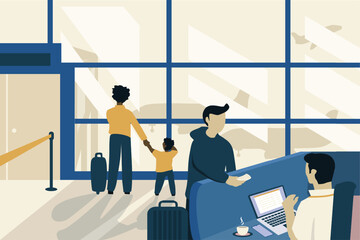 Father and Daughter Watching City Through Window in airport station
