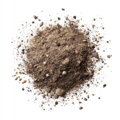 Pile of dirt and small pebbles scattered and isolated on white background
