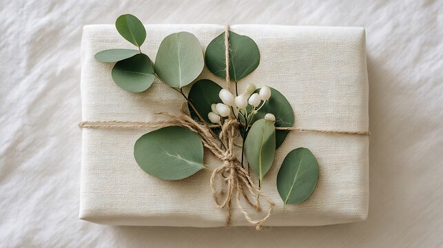 Elegant gift wrapped in textured paper with eucalyptus leaves and string