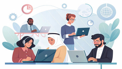 Diverse customer support team working on laptops providing online assistance and global communication services