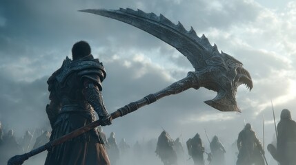 Dark warrior with scythe against cloudy sky