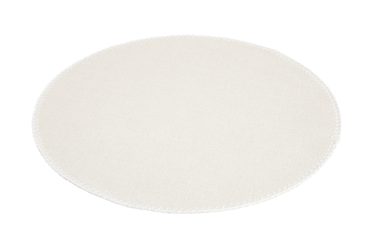 Round off white textured fabric placemat with zigzag stitching isolated on transparent background