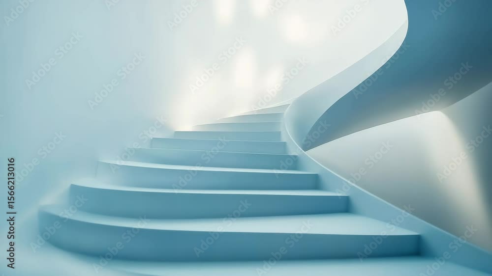 Sticker curved modern staircase with smooth blue steps and soft natural light creating calm minimalist archi