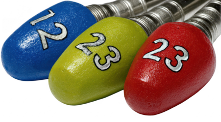 Three colored caps, numbered 12, 23, and 23