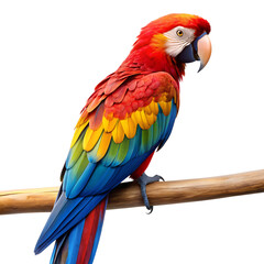Fototapeta premium Realistic Macaw Parrot with Colorful Feathers Perched on Branch – Isolated PNG on Transparent Background for Wildlife, Nature, Jungle, and Travel-Themed Design Projects