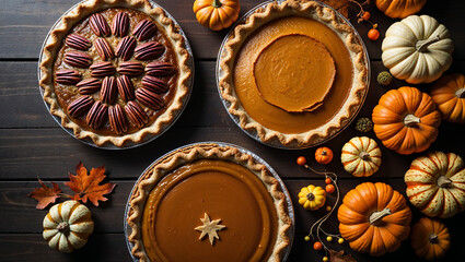 Fototapeta premium Delicious homemade pumpkin, pecan and apple pie celebrating fall holidays