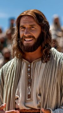 esus Christ stands in an outdoor setting, teaching a large, diverse crowd of people who are intently listening