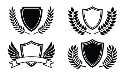 Collection of shield designs with laurels wings and ribbons illustrating awards and emblems