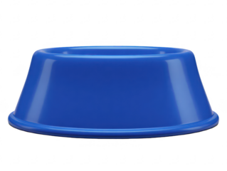 Blue, round, shallow food or water bowl