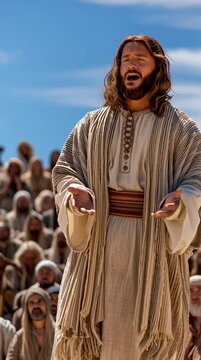 esus Christ stands in an outdoor setting, teaching a large, diverse crowd of people who are intently listening