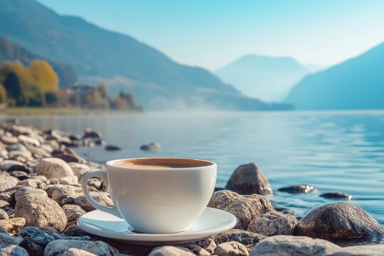 Enjoying a warm cup of coffee by the tranquil lakeshore surrounded by mountains, Steaming coffee cup on rocky lakeshore with mountain view on a clear day Relaxation concept