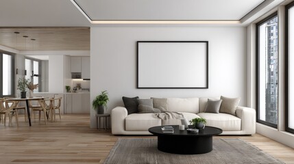 Modern apartment living room interior design white sofa large window dining area