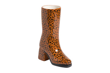 Stylish brown ceramic boot shaped vase with black leopard print isolated on transparent background