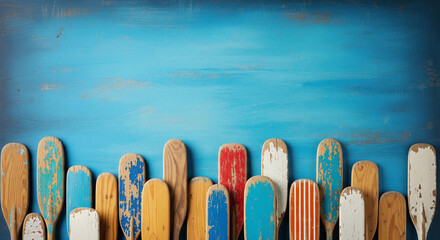 Colorful old paddels on blue and turquoise background for summer vintage concepts
