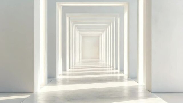Minimalist white corridor hallway interior with repetitive rectangular frames and soft natural light casting shadows, creating calm spacious modern architecture design space