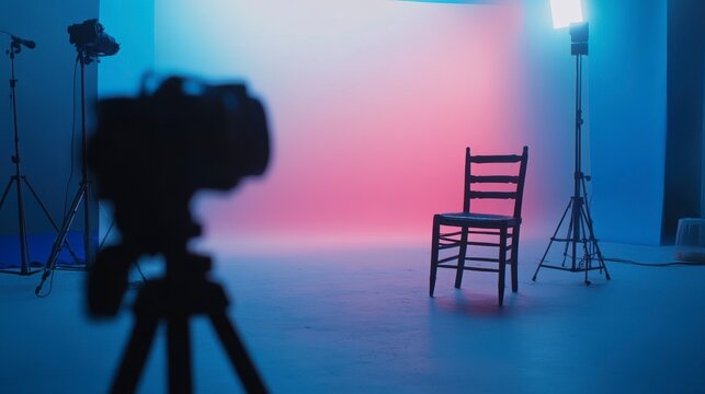 Empty chair in a studio with filming equipment under pink and blue lights.