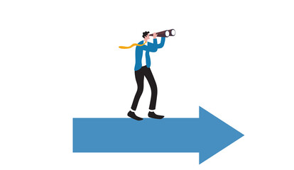 Male figure in a suit, yellow tie, holding binoculars stands on a large rightward arrow, symbolizing direction or progress. Business Vision and Success