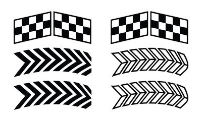 Racing theme design elements featuring checkered flags and arrow tire track patterns