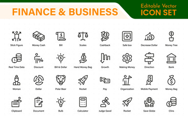 Finance and business line icons collection. Big UI icon set in a flat design. Thin outline icons pack.
