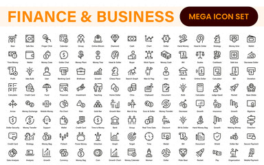 Finance and business line icons collection. Big UI icon set in a flat design. Thin outline icons pack.