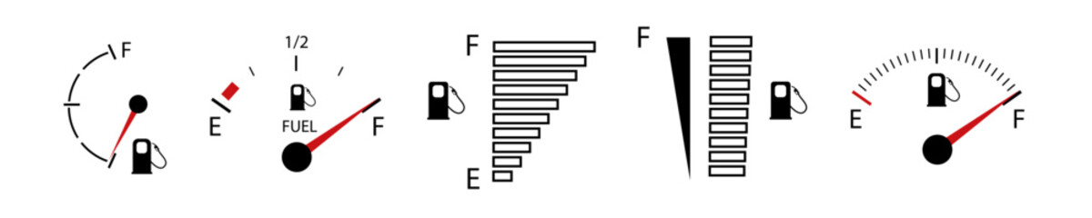 Vehicle fuel. Simple digital indicator of vehicle fuel. Full and empty icons of gas and fuel meters, fuel pump. Vector