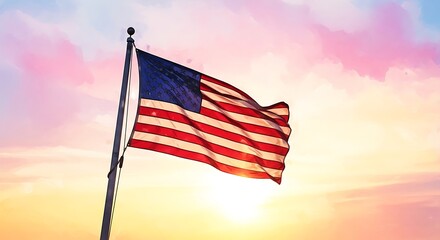 American flag waving in the sunset sky
