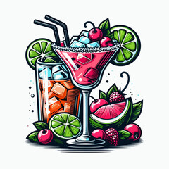 Two colorful cocktails are depicted with various fresh fruit garnishes in a bold and stylish graphic illustration.  The drinks are presented with a playful and eye-catching design style.
