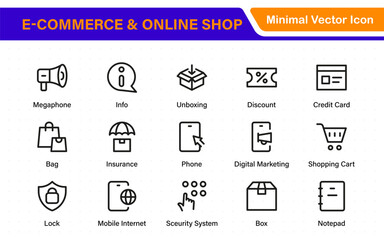 E-Commerce set of web icons in line style. Online shopping icons for web and mobile app. Business, mobile shop, digital marketing, bank card, gifts, sale, delivery. Vector illustration