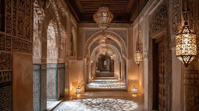 Ornate Palace Corridor Interior with Warm Lighting - Powered by Adobe