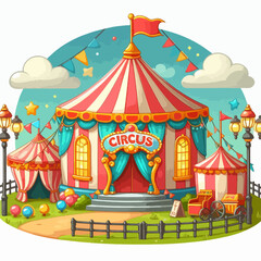 Vibrant cartoon illustration of a circus tent and surrounding area, featuring bright colors and playful design elements.  The scene is cheerful and inviting.