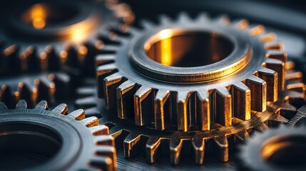 Close-Up of Interlocking Metal Gears with Golden Sunlight Reflections, Highlighting Mechanical Precision Details, Shallow Depth of Field, Industrial Aesthetic with Blurred Metallic Background