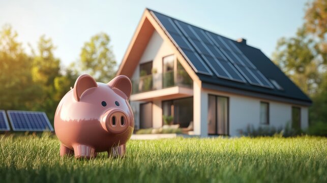 Piggy bank in front of a solar-powered house, symbolizing savings and sustainable living.