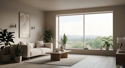 Modern living room interior design featuring sofa plants and large window with landscape view