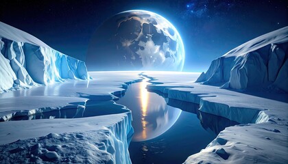 Deep Chasm Carved Into A Frozen Moon Surface Reflecting Celestial Light Under A Starry Night Sky