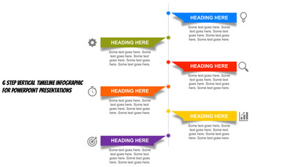 Colorful 6 Step Vertical Timeline Infographic &ndash; Editable PowerPoint Template for Project or Workflow Presentation. Fully editable modern infographic vector elements SVG file compatible with PowerPoint