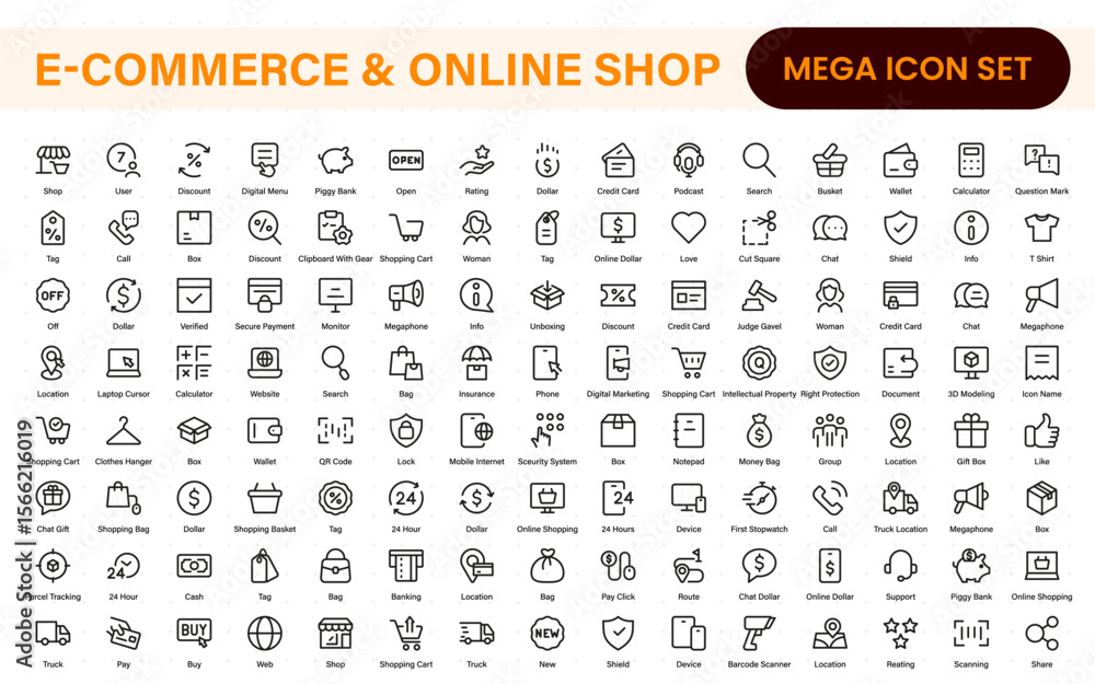 Poster e-commerce set of web icons in line style. online shopping icons for web and mobile app. business, m